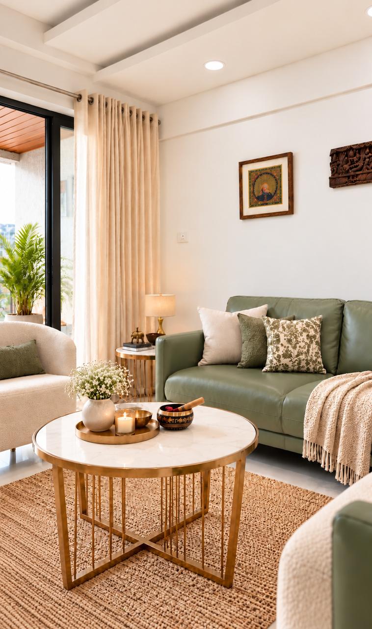 Close up of olive green leather sofa and marble coffee table